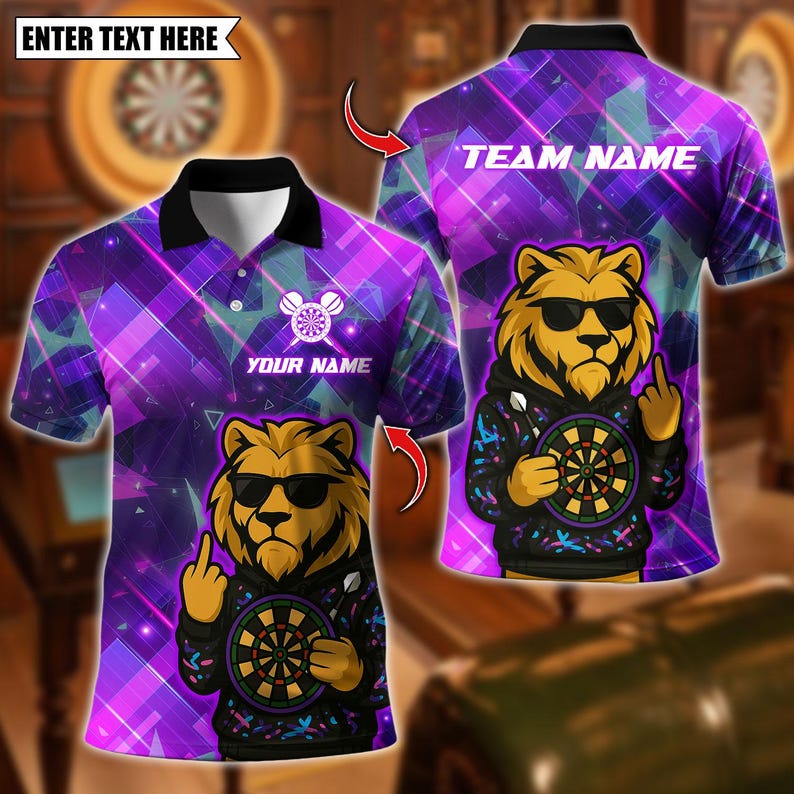 Personalized Name Dart Polo Shirt, Darts Lion Graffiti Design , Custom Team Shirt for Men, Gift for Darts Players