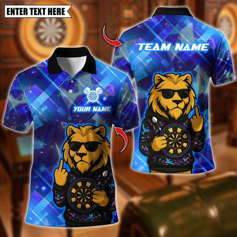 Personalized Name Dart Polo Shirt, Darts Lion Graffiti Design , Custom Team Shirt for Men, Gift for Darts Players