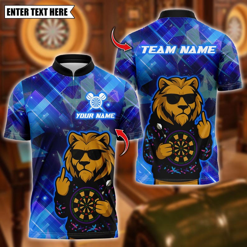Personalized Name Dart Polo Shirt, Darts Lion Graffiti Design , Custom Team Shirt for Men, Gift for Darts Players