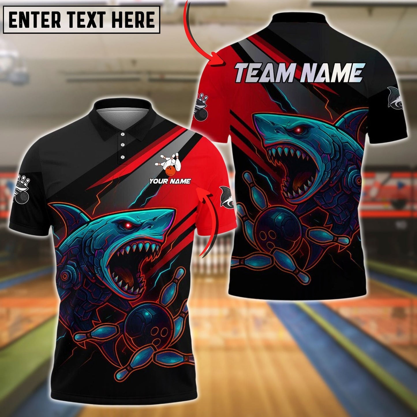 Bowling And Pins Cyborg Shark Customized Name, Team Name 3D Shirt (4 Colors)