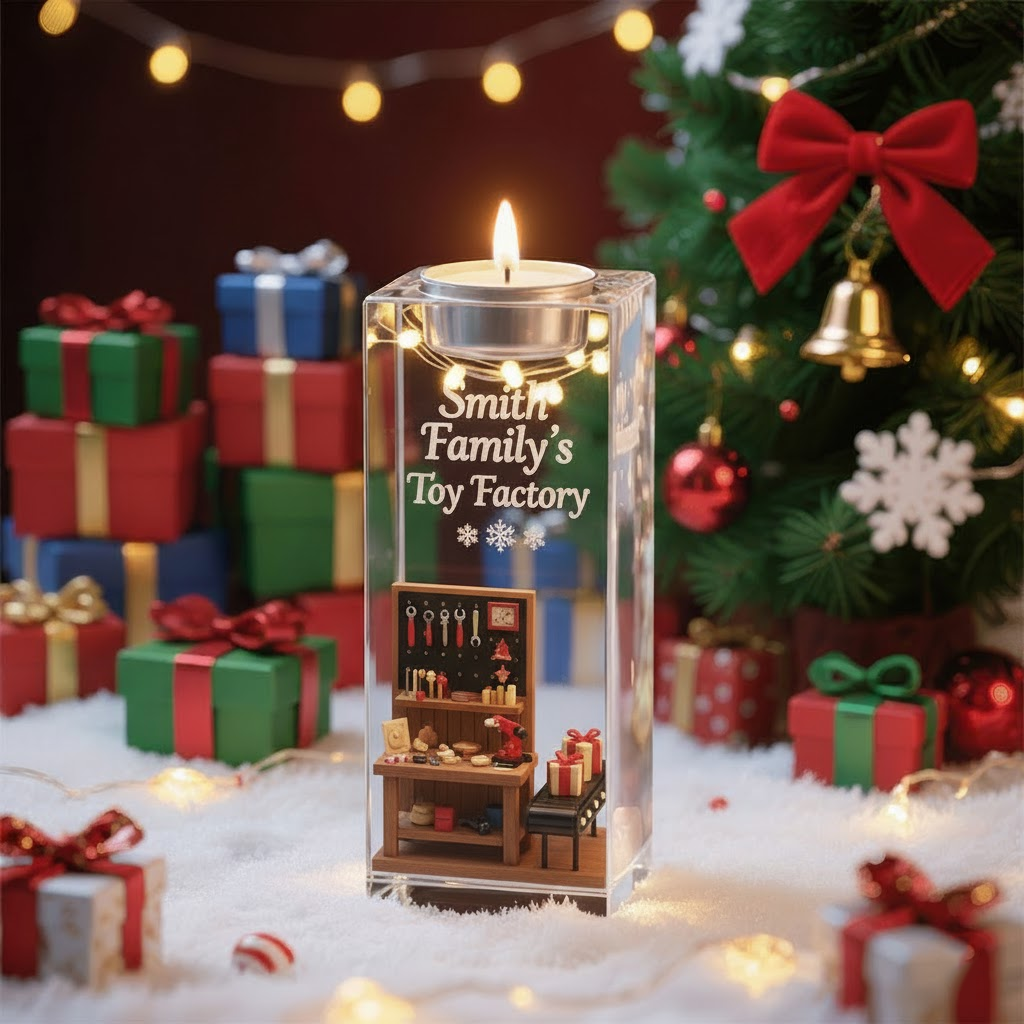 🧸 Smith Family’s Toy Factory Candle – Personalized Christmas Workshop Acrylic Decor