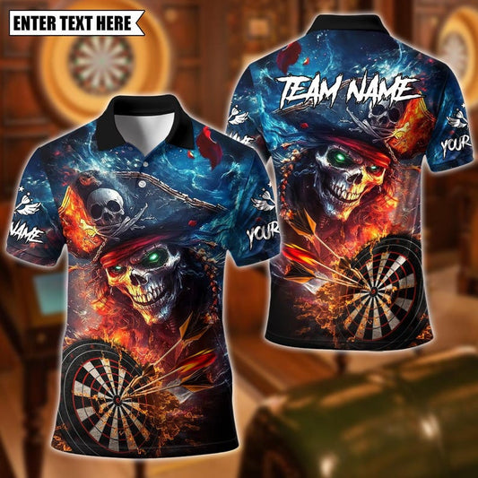 Personalized Name Dart Polo Shirt, Pirate Captain Skeleton With Dartboard Design ,Custom Team Shirt for Men, Gift for Darts Players