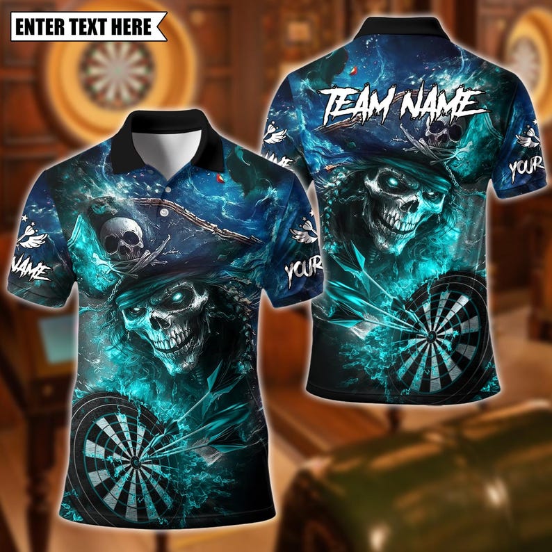 Personalized Name Dart Polo Shirt, Pirate Captain Skeleton With Dartboard Design ,Custom Team Shirt for Men, Gift for Darts Players