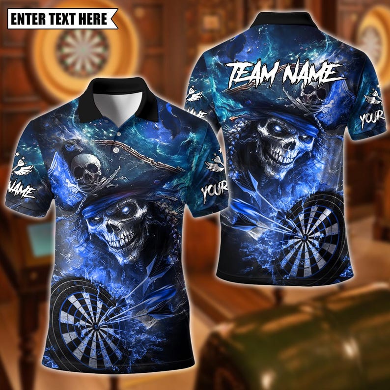 Personalized Name Dart Polo Shirt, Pirate Captain Skeleton With Dartboard Design ,Custom Team Shirt for Men, Gift for Darts Players