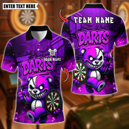 Personalized Name Dart Polo Shirt, Halloween Bear With Dartboard Design ,Custom Team Shirt for Men, Gift for Darts Players