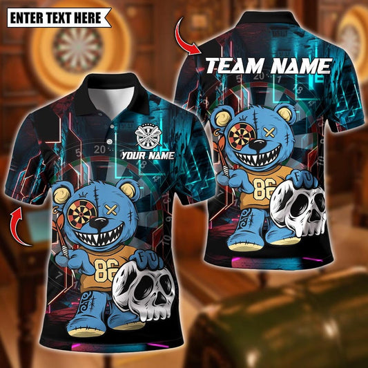 Personalized Name Dart Polo Shirt, Halloween Bear With Dartboard Design ,Custom Team Shirt for Men, Gift for Darts Players