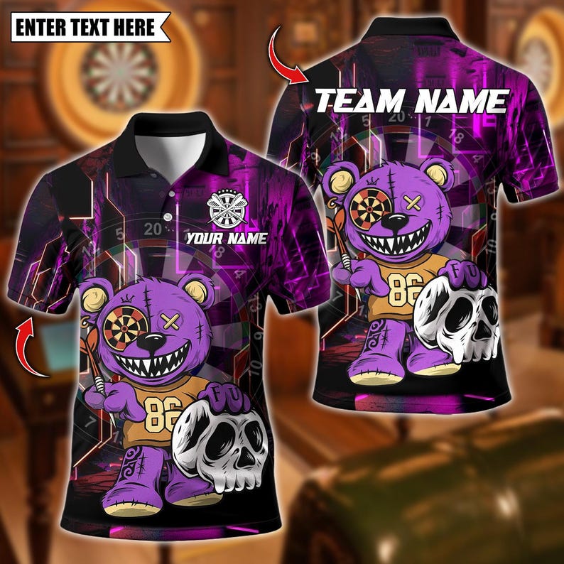 Personalized Name Dart Polo Shirt, Halloween Bear With Dartboard Design ,Custom Team Shirt for Men, Gift for Darts Players