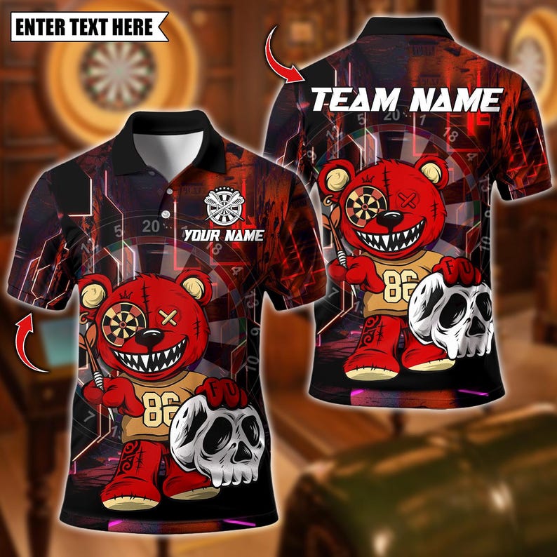 Personalized Name Dart Polo Shirt, Halloween Bear With Dartboard Design ,Custom Team Shirt for Men, Gift for Darts Players