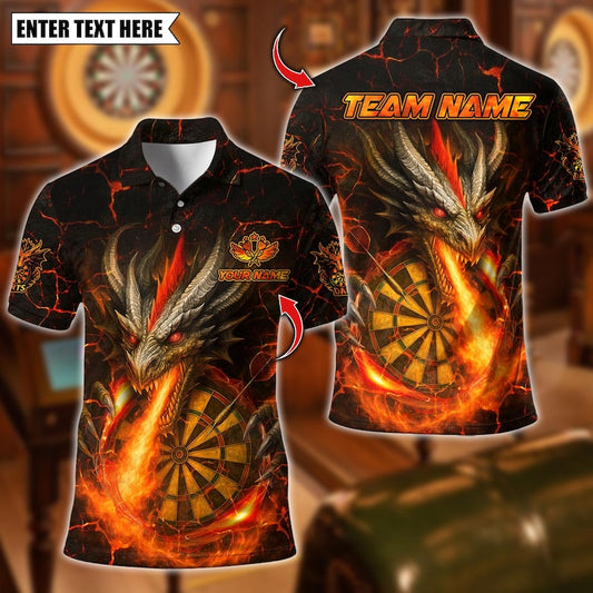 Personalized Name Dart Polo Shirt, Flame Dragon With Dartboard Design ,Custom Team Shirt for Men, Gift for Darts Players