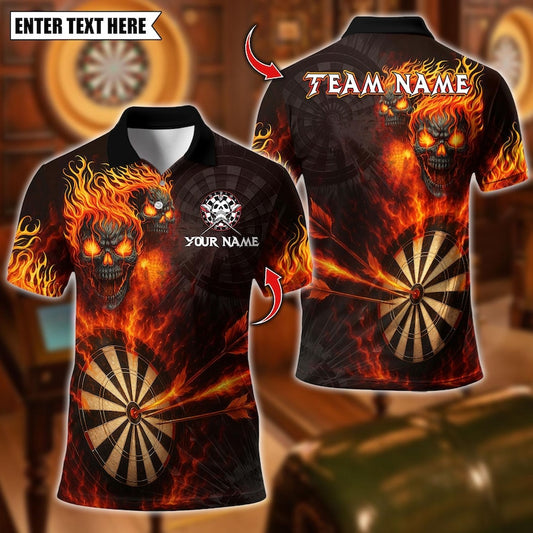 Personalized Name Dart Polo Shirt, Flame Skull With Dartboard Design ,Custom Team Shirt for Men, Gift for Darts Players