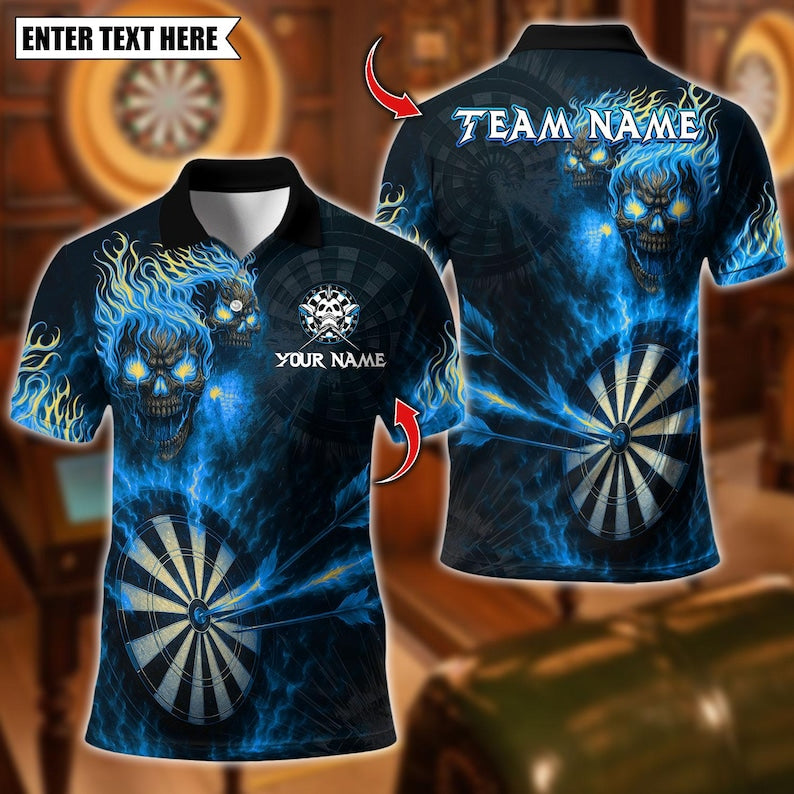 Personalized Name Dart Polo Shirt, Flame Skull With Dartboard Design ,Custom Team Shirt for Men, Gift for Darts Players