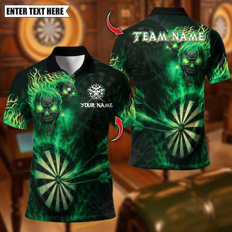 Personalized Name Dart Polo Shirt, Flame Skull With Dartboard Design ,Custom Team Shirt for Men, Gift for Darts Players