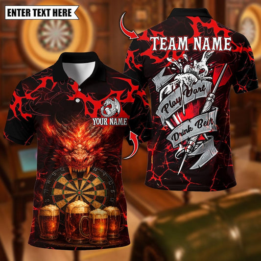 Personalized Name Dart Polo Shirt, Beer Dragon With Dartboard Design ,Custom Team Shirt for Men, Gift for Darts Players