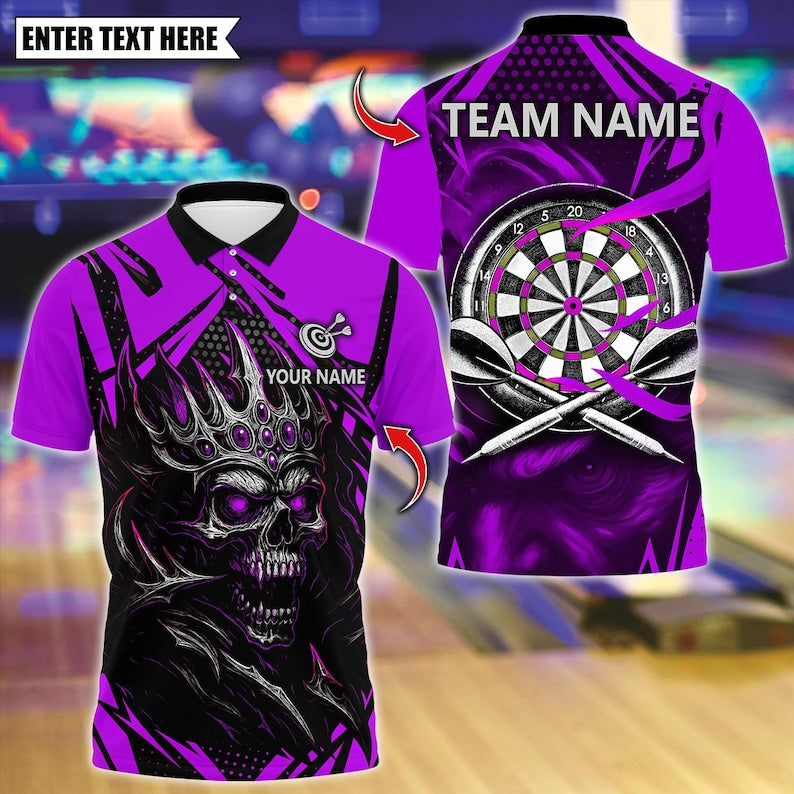 Personalized Name Dart Polo Shirt, Dark Vibes Mystery Skull With Dartboard Design ,Custom Team Shirt for Men, Gift for Darts Players