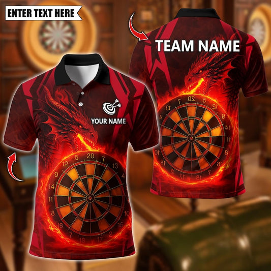 Personalized Name Dart Polo Shirt, Dragon With Flame Dartboard Design ,Custom Team Shirt for Men, Gift for Darts Players