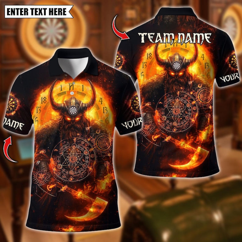 Personalized Name Dart Polo Shirt, Viking Fire Warrior Darts Design ,Custom Team Shirt for Men, Gift for Darts Players
