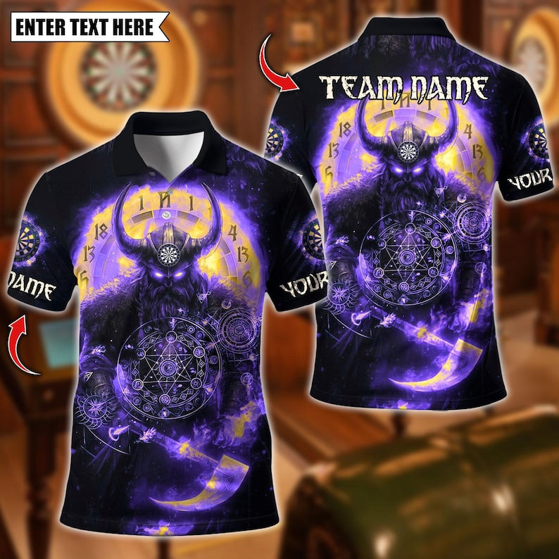 Personalized Name Dart Polo Shirt, Viking Fire Warrior Darts Design ,Custom Team Shirt for Men, Gift for Darts Players