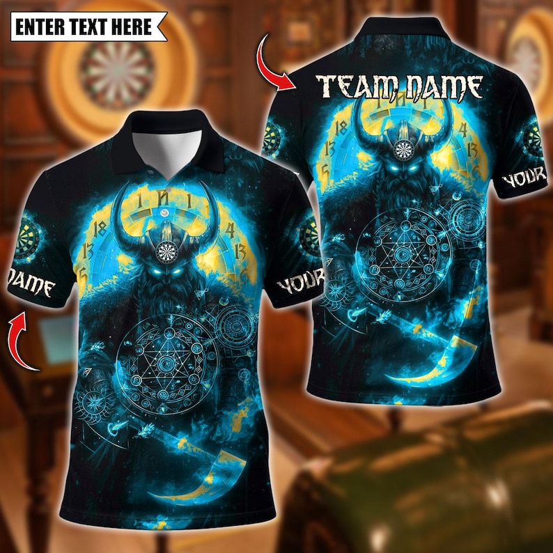 Personalized Name Dart Polo Shirt, Viking Fire Warrior Darts Design ,Custom Team Shirt for Men, Gift for Darts Players