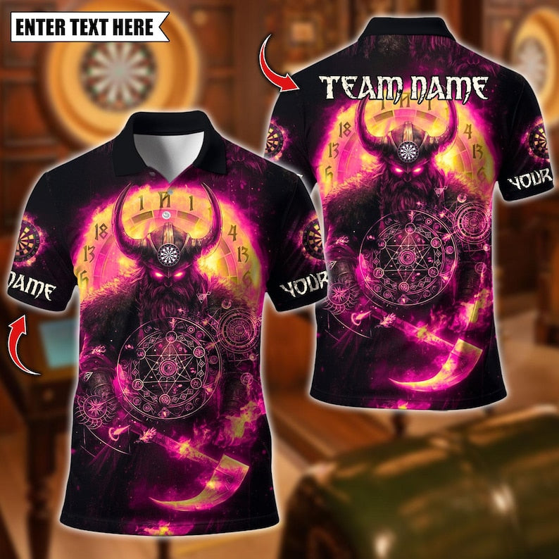Personalized Name Dart Polo Shirt, Viking Fire Warrior Darts Design ,Custom Team Shirt for Men, Gift for Darts Players