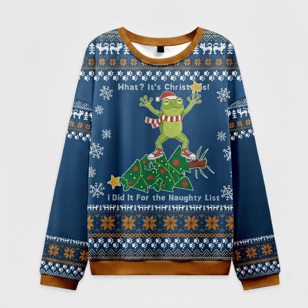 🐸 What? It’s Christmas! Frog Naughty List Sweater – Funny Holiday Ugly Jumper