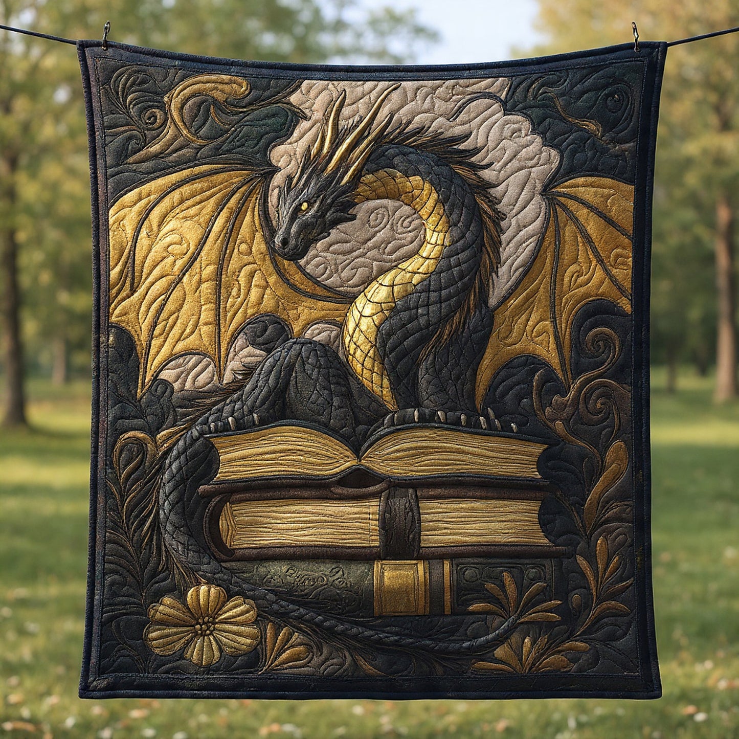 Gilded Spellkeeper Dragon & Ancient Books Quilt