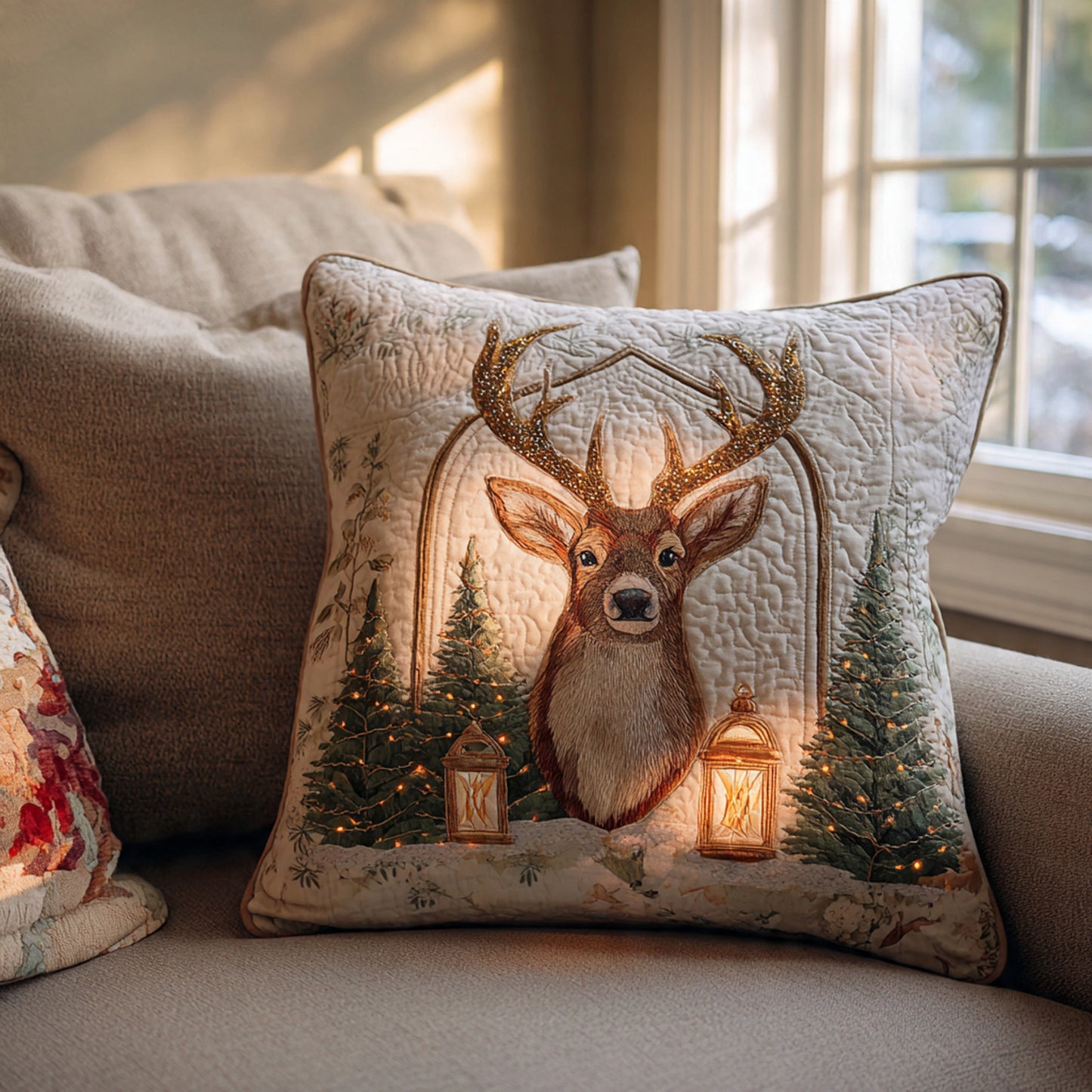 Sparkling Antler Buck LED Quilted Pillow – Lantern & Pine Trees Holiday Decor