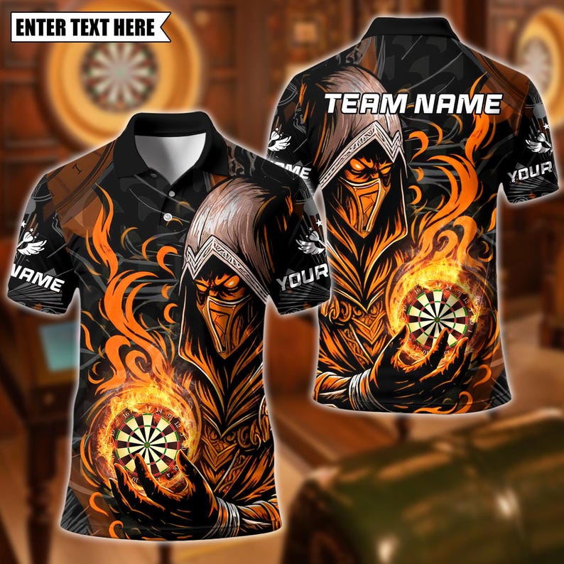 Personalized Name Dart Polo Shirt, Assassin With Flame Dartboard Design ,Custom Team Shirt for Men, Gift for Darts Players