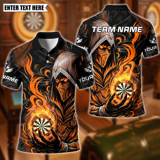Personalized Name Dart Polo Shirt, Assassin With Flame Dartboard Design ,Custom Team Shirt for Men, Gift for Darts Players