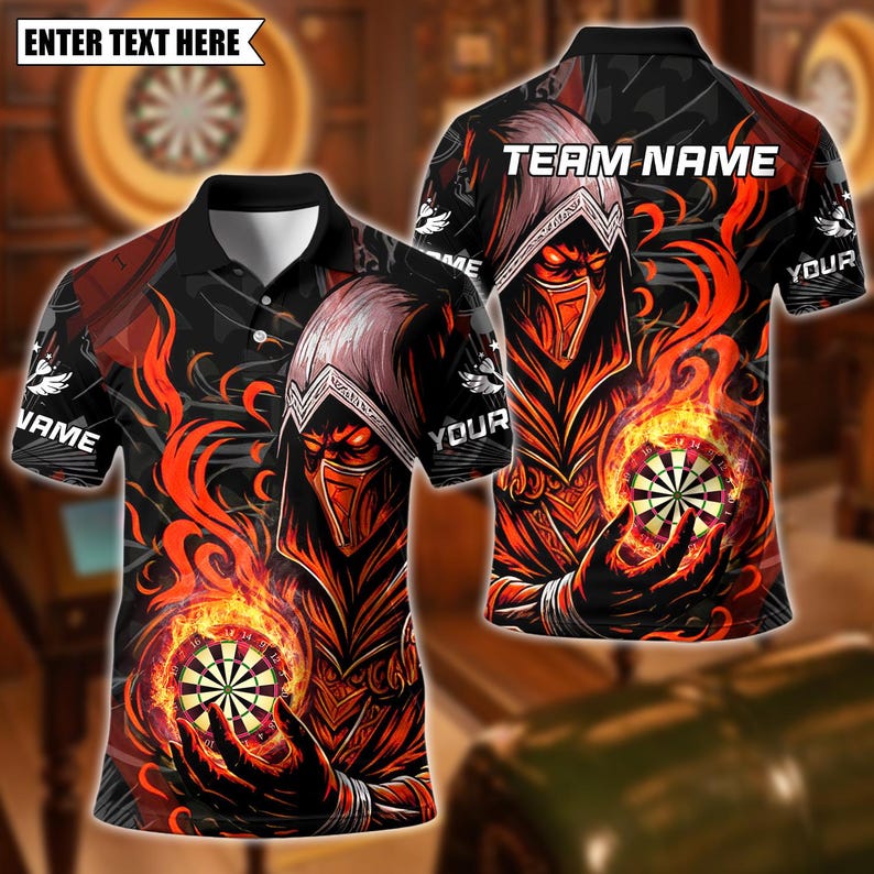 Personalized Name Dart Polo Shirt, Assassin With Flame Dartboard Design ,Custom Team Shirt for Men, Gift for Darts Players