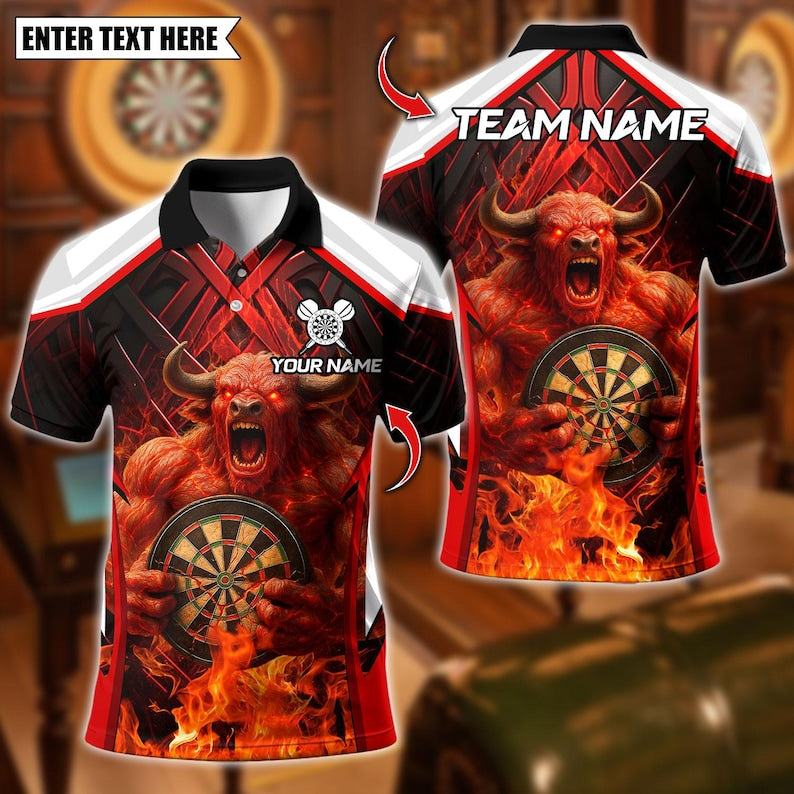 Personalized Name Dart Polo Shirt, Fire Bull Darts Design ,Custom Team Shirt for Men, Gift for Darts Players