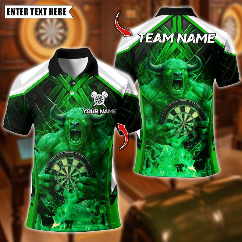 Personalized Name Dart Polo Shirt, Fire Bull Darts Design ,Custom Team Shirt for Men, Gift for Darts Players