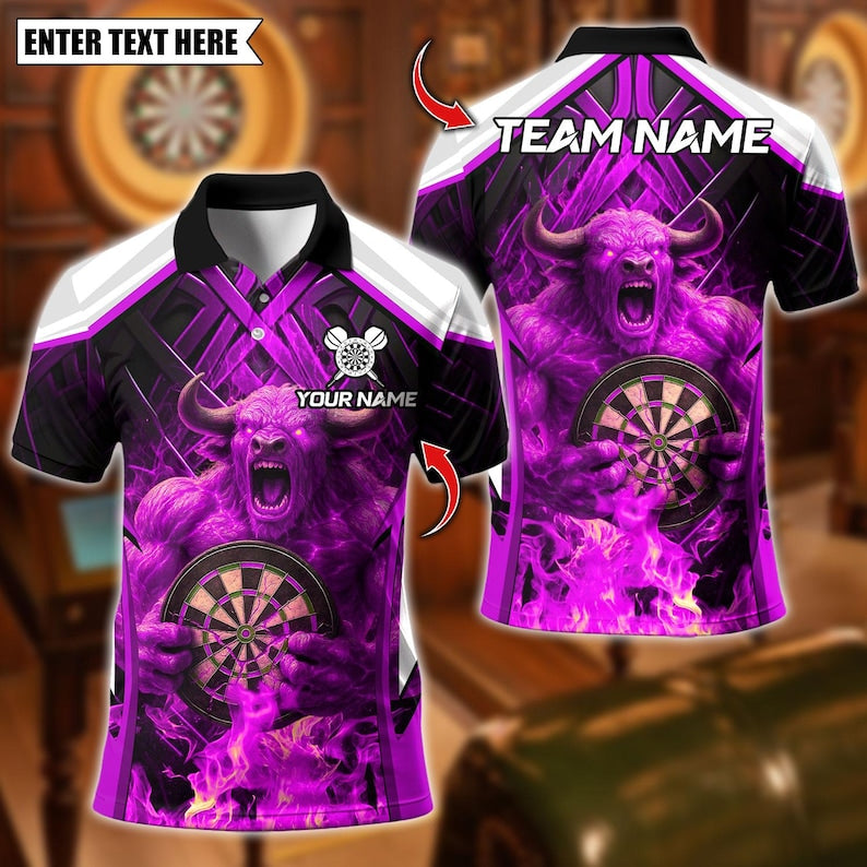 Personalized Name Dart Polo Shirt, Fire Bull Darts Design ,Custom Team Shirt for Men, Gift for Darts Players