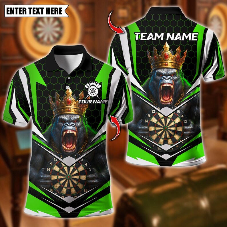 Personalized Name Dart Polo Shirt, King Gorilla Dartboard Design ,Custom Team Shirt for Men, Gift for Darts Players