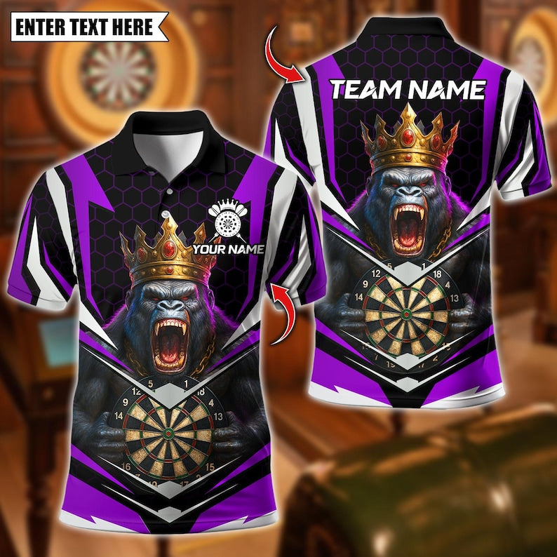 Personalized Name Dart Polo Shirt, King Gorilla Dartboard Design ,Custom Team Shirt for Men, Gift for Darts Players