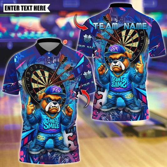 Personalized Name Dart Polo Shirt, Hiphop Bulldog With Dartboard Design ,Custom Team Shirt for Men, Gift for Darts Players