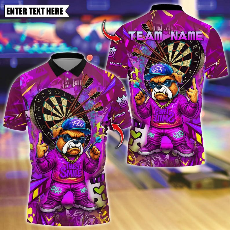 Personalized Name Dart Polo Shirt, Hiphop Bulldog With Dartboard Design ,Custom Team Shirt for Men, Gift for Darts Players