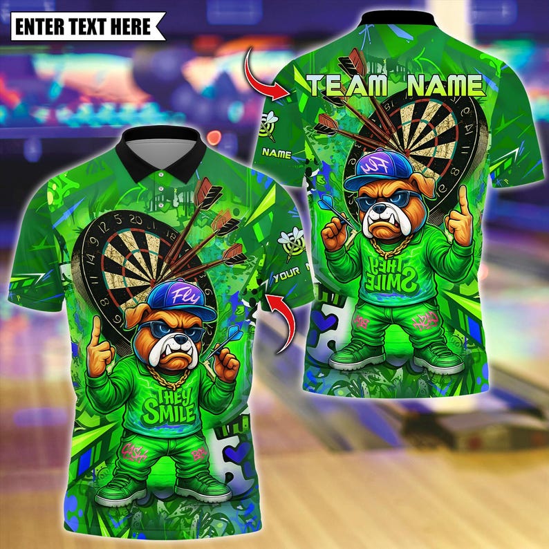 Personalized Name Dart Polo Shirt, Hiphop Bulldog With Dartboard Design ,Custom Team Shirt for Men, Gift for Darts Players