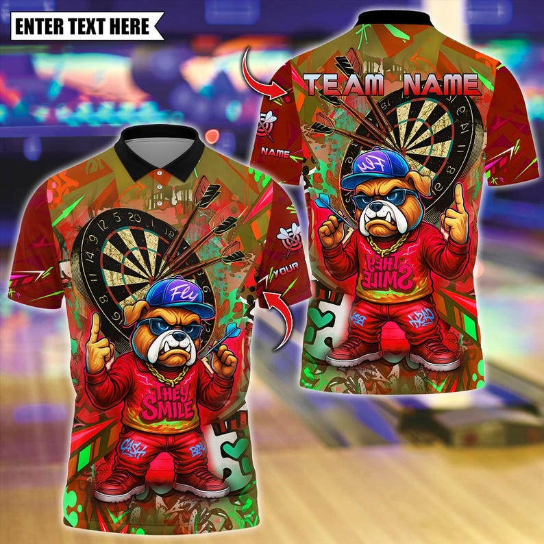 Personalized Name Dart Polo Shirt, Hiphop Bulldog With Dartboard Design ,Custom Team Shirt for Men, Gift for Darts Players