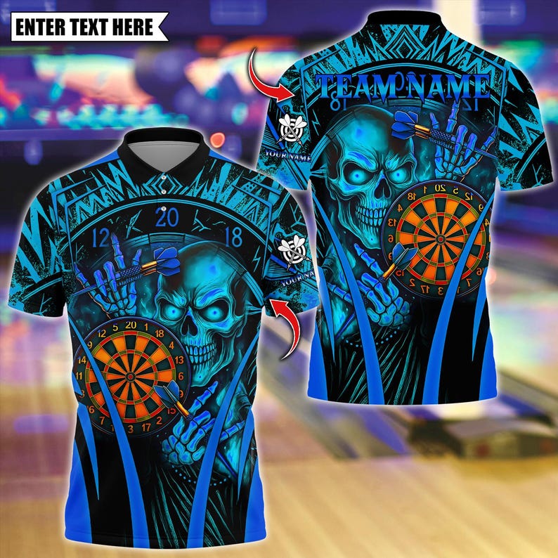 Personalized Name Dart Polo Shirt, Skull With Dartboard Design ,Custom Team Shirt for Men, Gift for Darts Players
