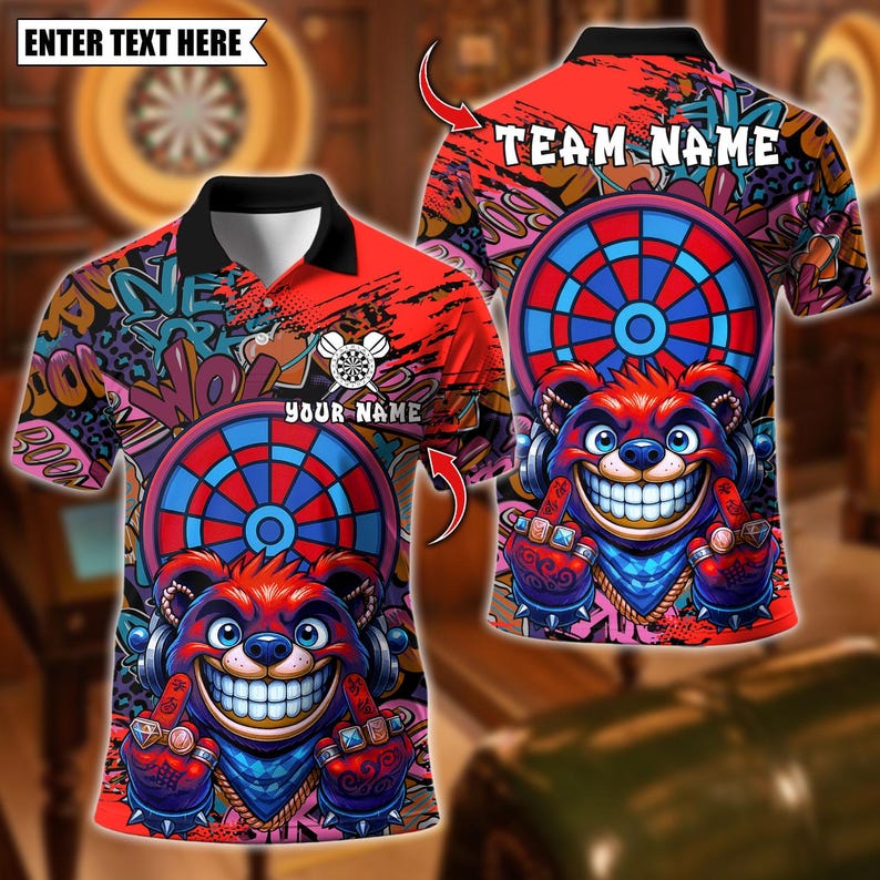 Personalized Name Dart Polo Shirt, Darts Gangster Bear Design ,Custom Team Shirt for Men, Gift for Darts Players