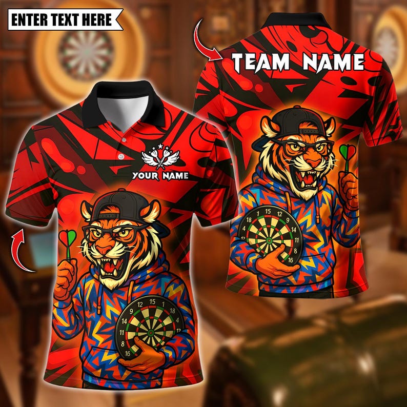 Personalized Name Dart Polo Shirt, Streetwear Tiger with Dartboard Design ,Custom Team Shirt for Men, Gift for Darts Players