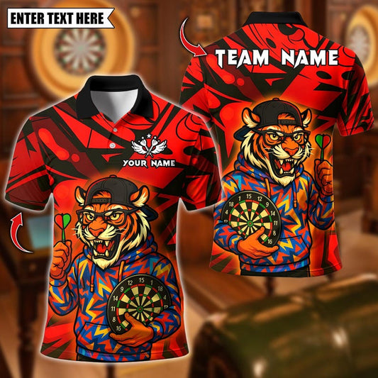 Personalized Name Dart Polo Shirt, Streetwear Tiger with Dartboard Design ,Custom Team Shirt for Men, Gift for Darts Players