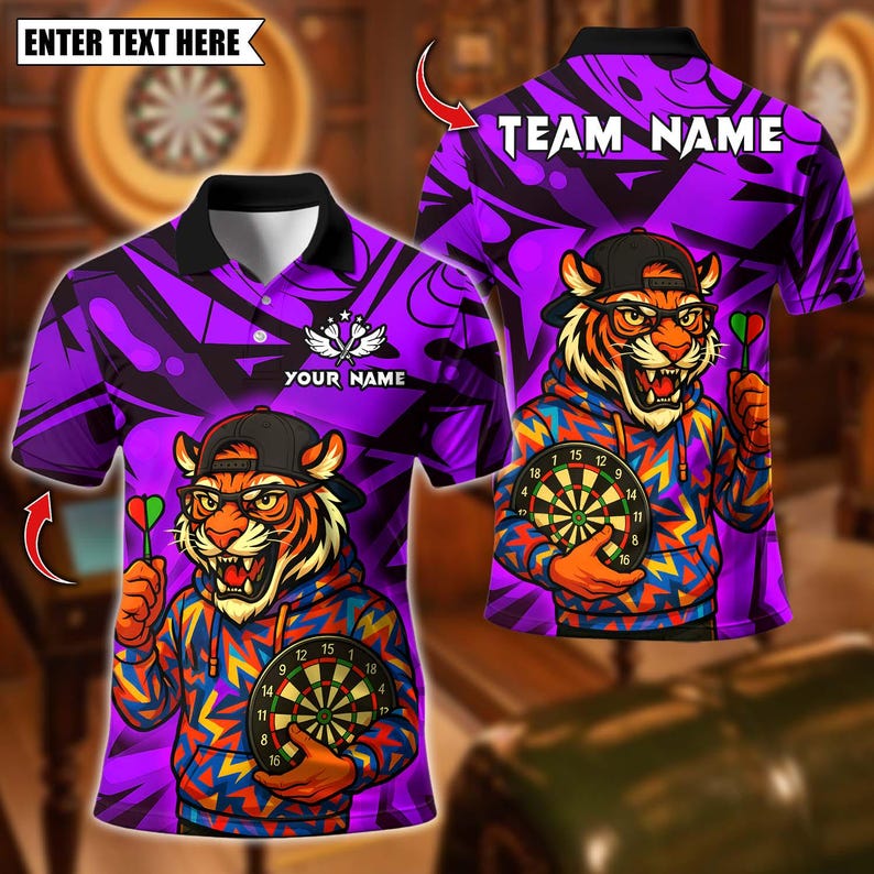 Personalized Name Dart Polo Shirt, Streetwear Tiger with Dartboard Design ,Custom Team Shirt for Men, Gift for Darts Players