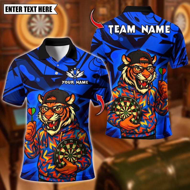 Personalized Name Dart Polo Shirt, Streetwear Tiger with Dartboard Design ,Custom Team Shirt for Men, Gift for Darts Players