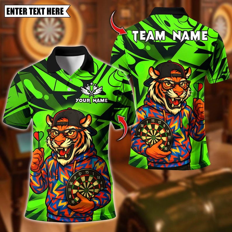Personalized Name Dart Polo Shirt, Streetwear Tiger with Dartboard Design ,Custom Team Shirt for Men, Gift for Darts Players