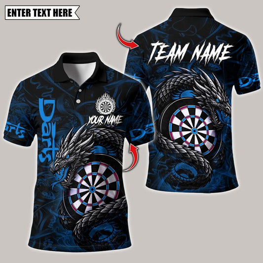 Personalized Name Dart Polo Shirt, Darts Custom Black And Blue Flame Dragon Design ,Custom Team Shirt for Men, Gift for Darts Players