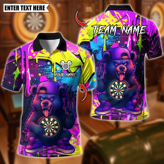 Personalized Name Dart Polo Shirt, Dart Cartoon Wolf Graffiti Design ,Custom Team Shirt for Men, Gift for Darts Players