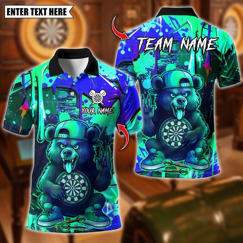 Personalized Name Dart Polo Shirt, Dart Cartoon Wolf Graffiti Design ,Custom Team Shirt for Men, Gift for Darts Players