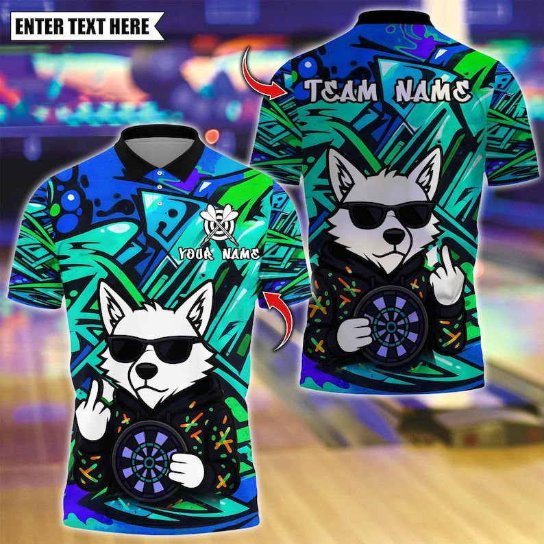 Personalized Name Dart Polo Shirt, Darts Wolf Graffiti Style Design ,Custom Team Shirt for Men, Gift for Darts Players