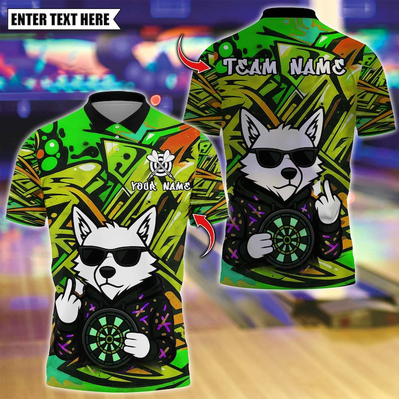 Personalized Name Dart Polo Shirt, Darts Wolf Graffiti Style Design ,Custom Team Shirt for Men, Gift for Darts Players